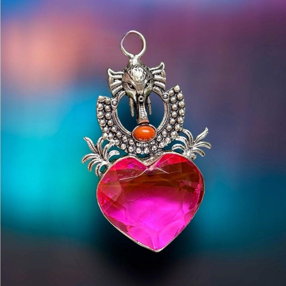 🐘Stunning large Pink Heart Pendant with Sterling Silver Accents